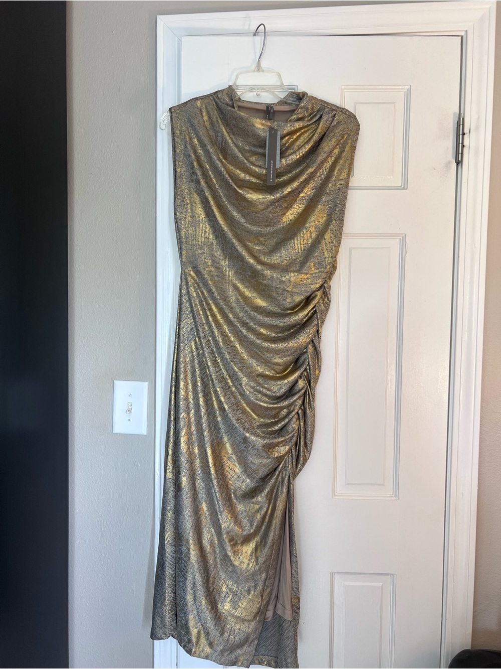 Anthropologie Metallic Gold Ruched Midi Dress